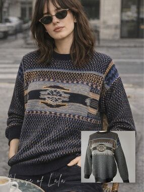 Vintage knit blue black grey grandpa sweater. Fisherman core